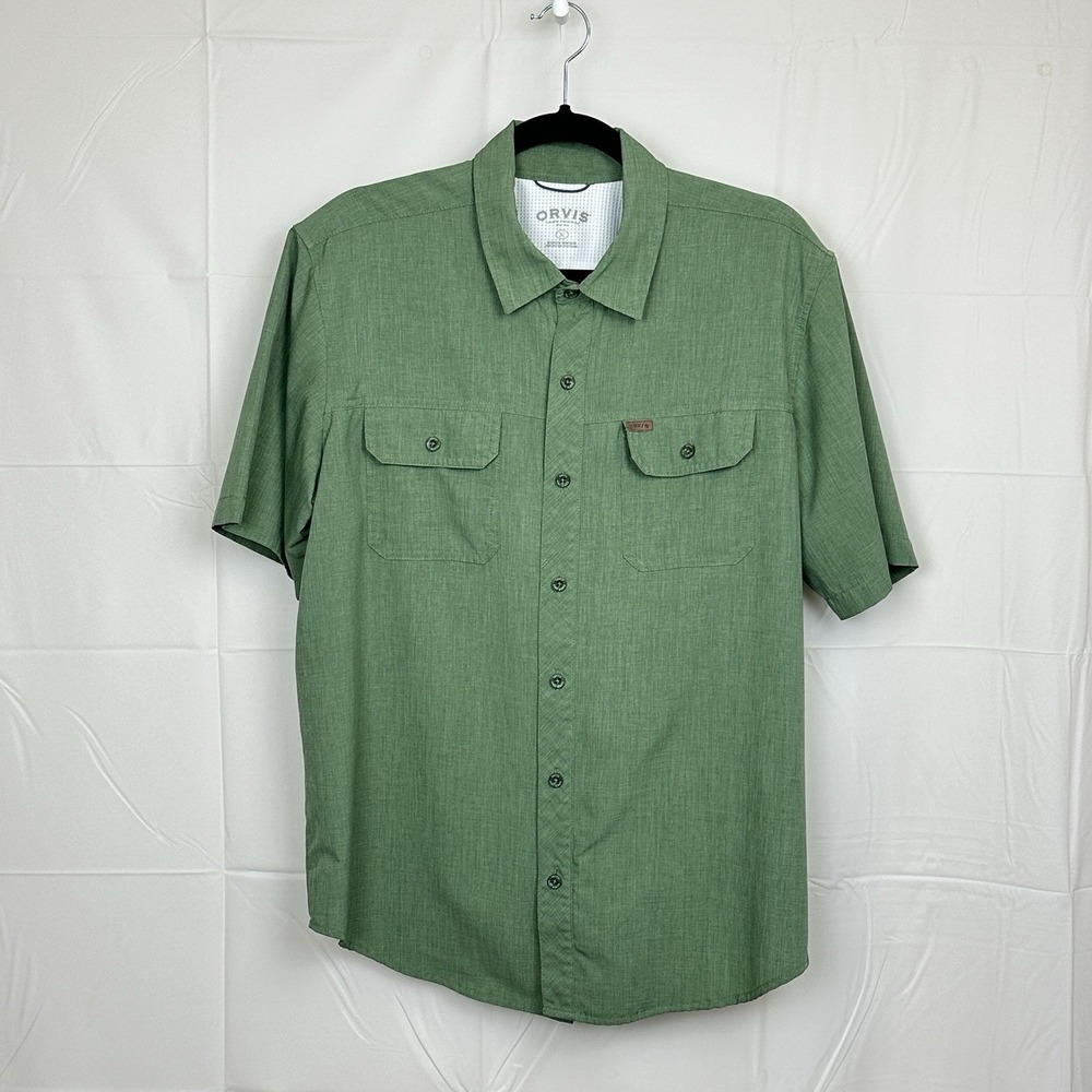 Orvis Button Down Shirt Men's Large Green Pockets Outdoor Camp Short Sleeve